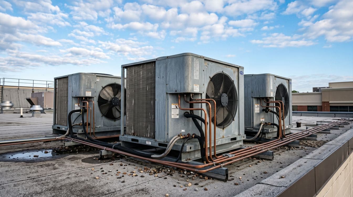 HVAC rooftop units with refrigerant lines and condensation on a commercial building