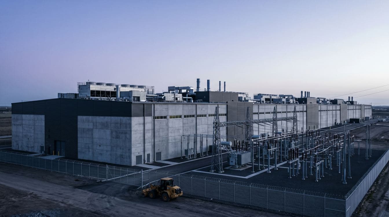 Massive hyperscaler data center facility exterior at blue-hour dawn showing cooling towers, transformer yard, and the dramatic industrial scale of the buildout driving mid-market MEP contractor demand