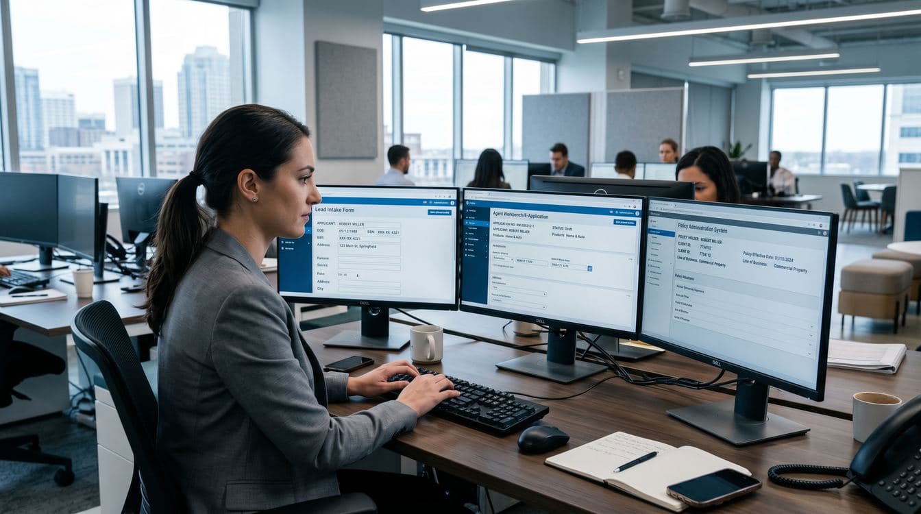 Final expense insurance application moving through four disconnected carrier systems on a cluttered ops desk