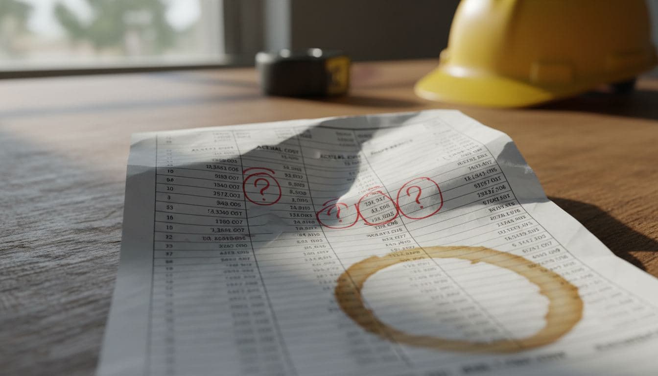 Printed job cost report with red ink annotations circling over-budget line items on a contractor desk