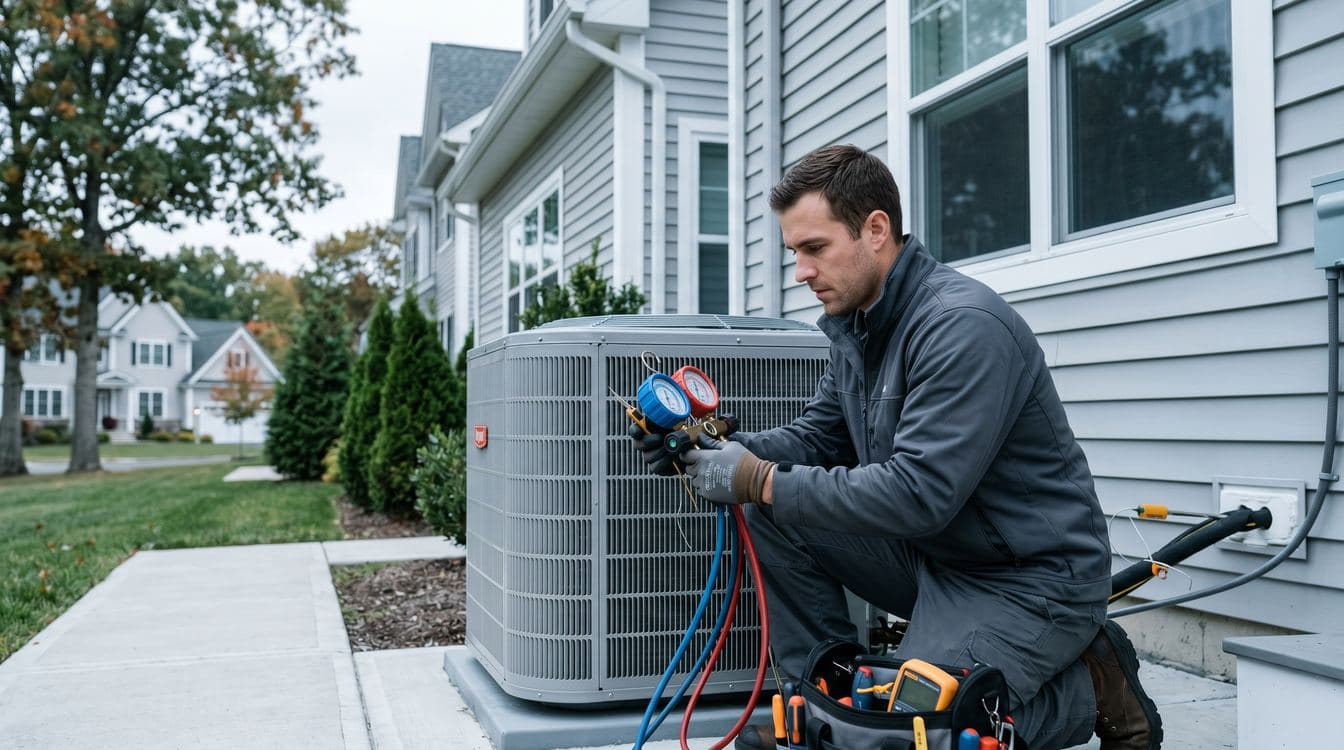HVAC technician kneeling beside a residential outdoor condenser unit, holding refrigerant gauges connected to the service ports while checking pressure readings during a preventive maintenance tune-up visit