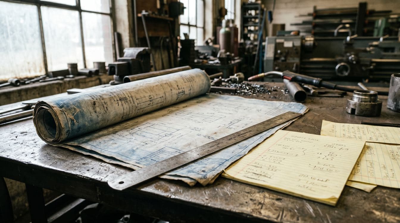 Worn shop blueprint rolled on a steel workbench beside a steel rule and hand-written quote notes, natural window light