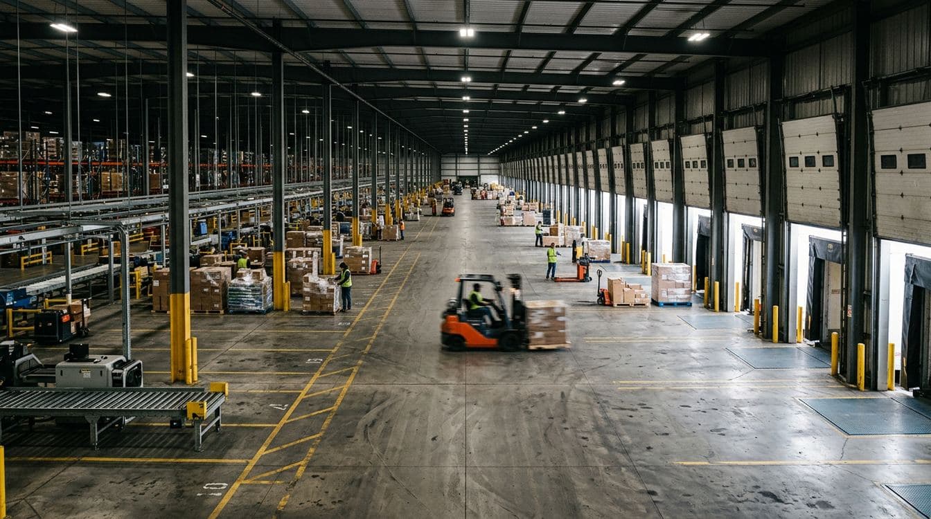 Interior of a 3PL cross-dock terminal with trailers backed into multiple bays and freight moving between inbound and outbound docks during a mid-shift