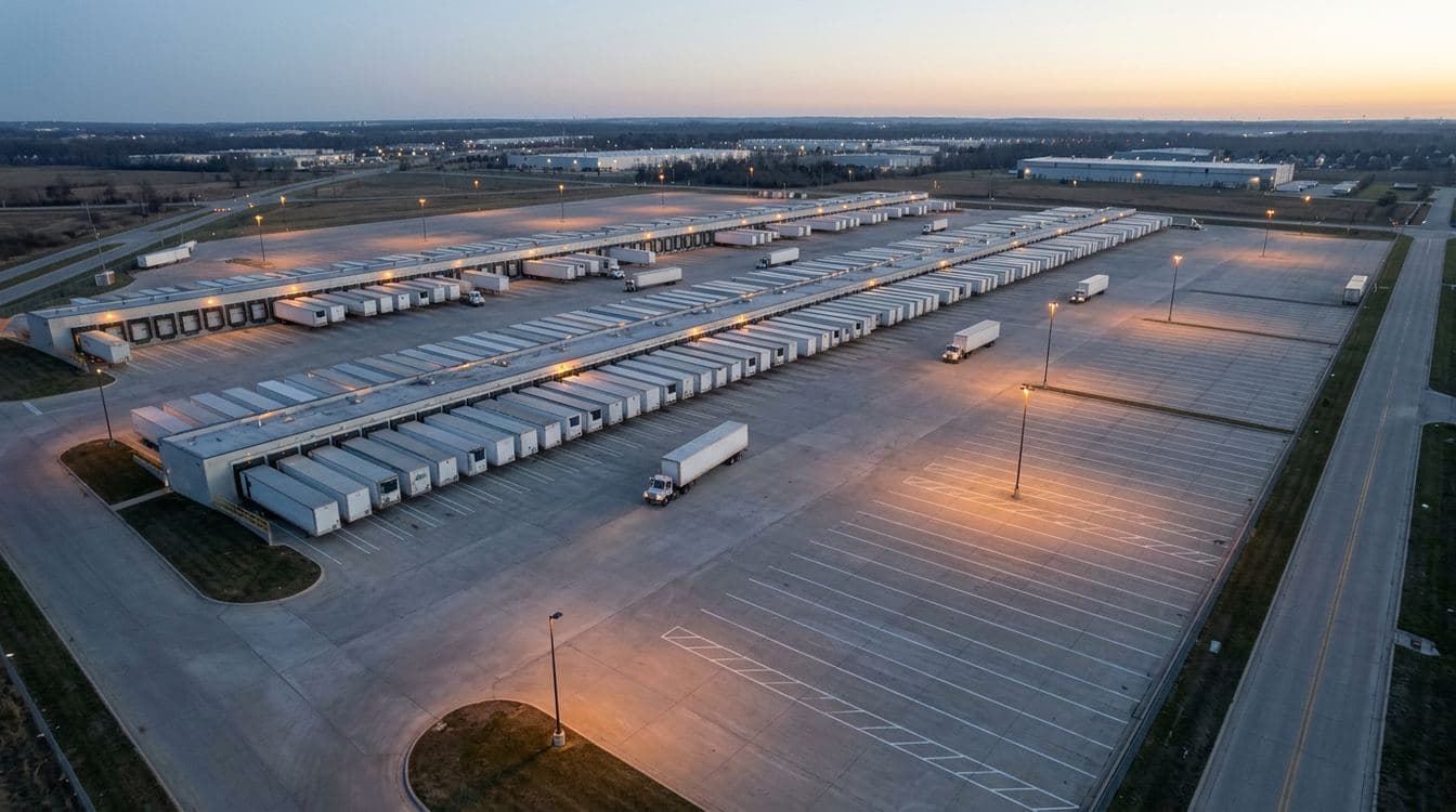 Aerial view of a 3PL cross-dock terminal at dawn with rows of loading bays lit by sodium lamps and trailers staged for the morning shift