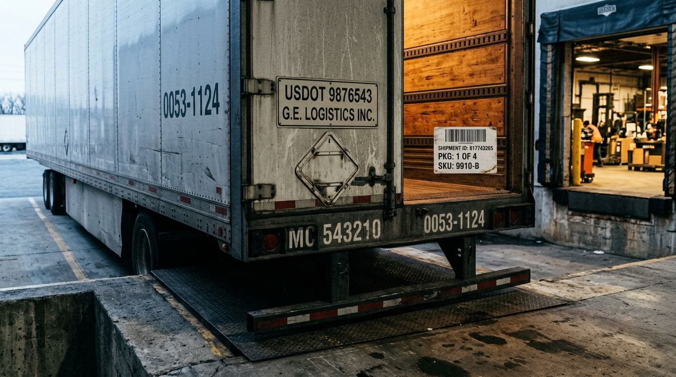 Macro detail of freight trailer rear identification placards including USDOT number, MC number, and bar-coded shipping label that 3PL TMS systems read for routing