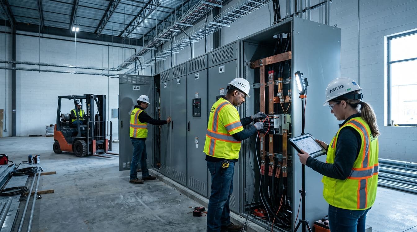 Specialty electrical contractor crew installing medium-voltage switchgear lineup inside a modern hyperscale data center shell, cool industrial lighting
