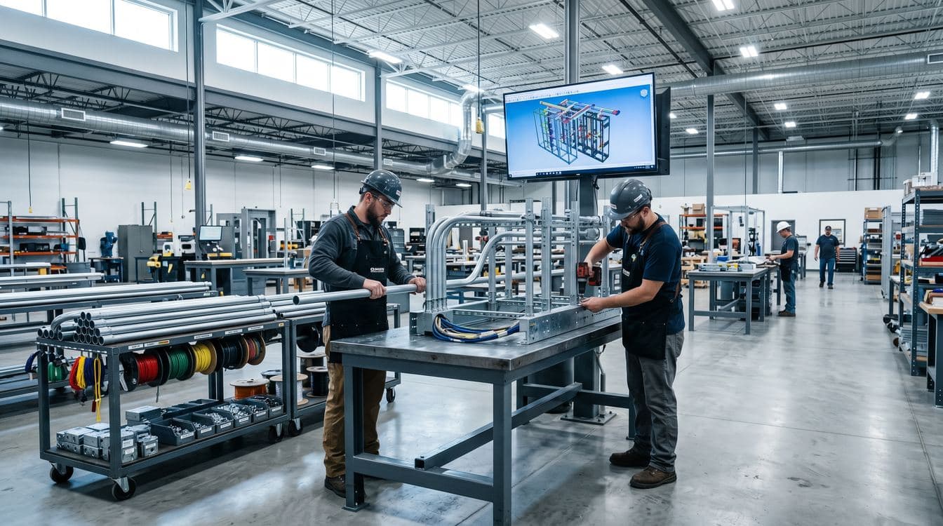 Electrical contractor prefabrication shop assembling conduit racks and panel sub-assemblies for a data center buildout project