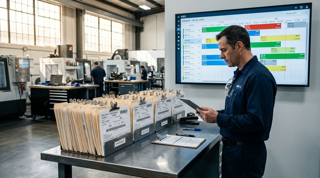 Stack of paper travelers at a production dispatch desk with an MES schedule display behind it at a mid-market manufacturer