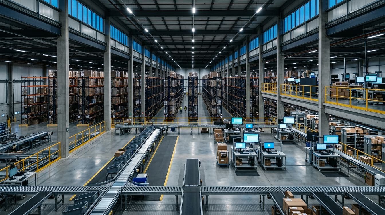 Editorial photograph of a high-bay distribution center mezzanine at dusk with pallet racking, conveyor lines, and barcode-scanning workstations under cool overhead lighting