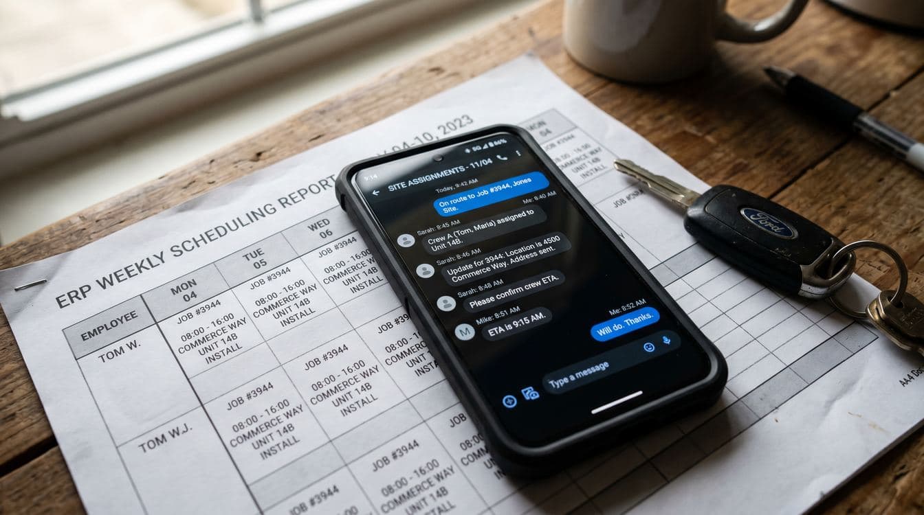 Smartphone showing field dispatch group texts laying on printed ERP scheduling report with truck key fob nearby