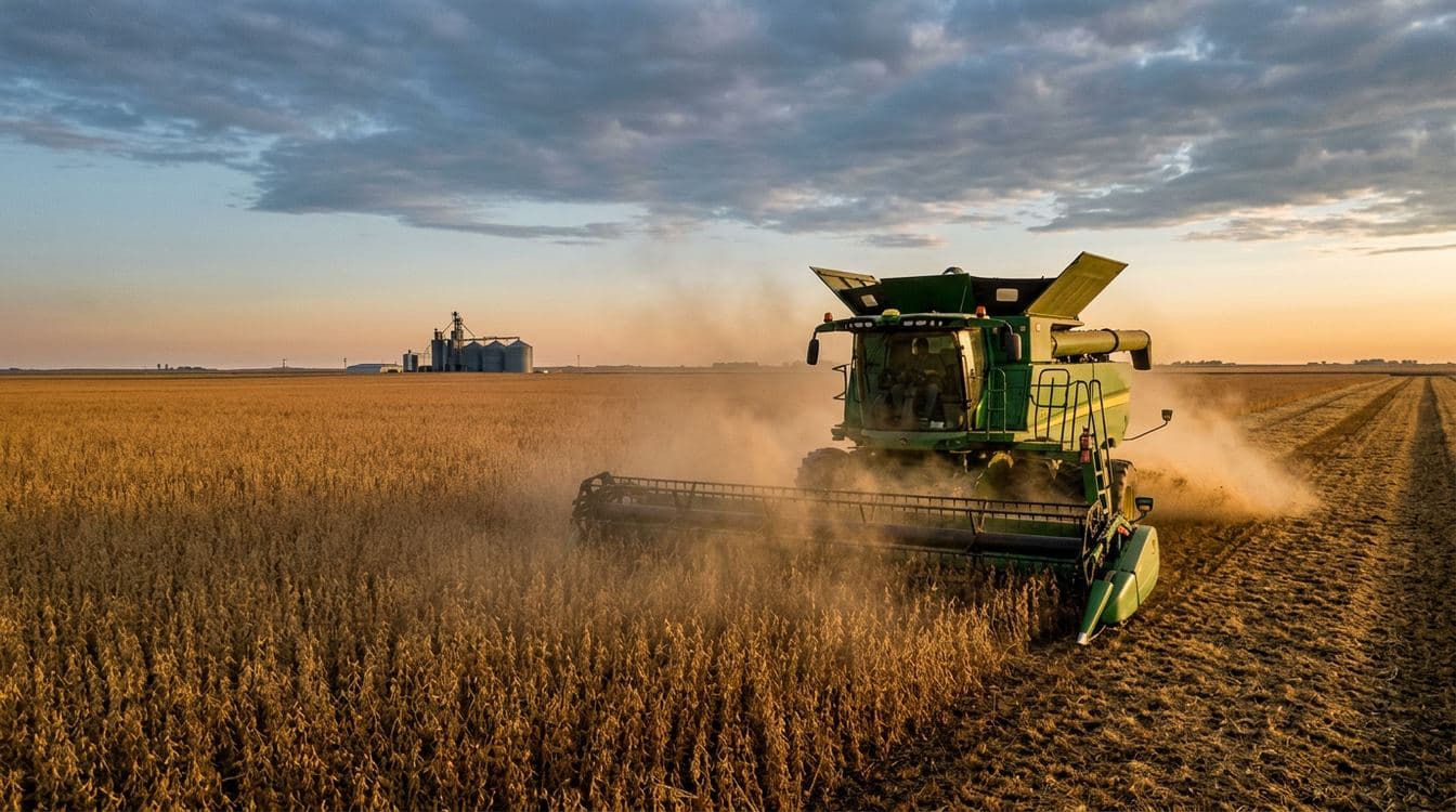 Yellow combine harvester at golden hour in a midwestern field with rows of crop visible behind, illustrating the agricultural equipment asset class that mid-market lessors finance through their LOS platforms