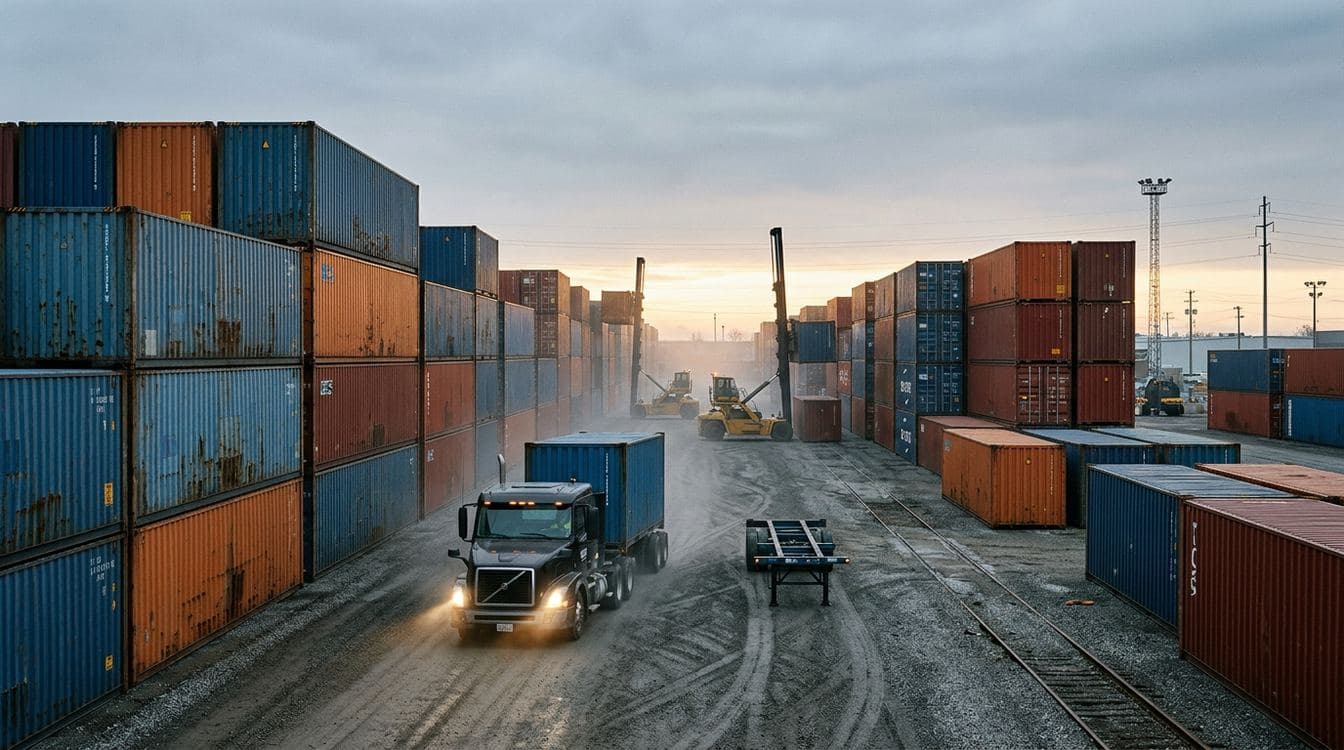 Container yard with rows of stacked intermodal shipping containers and cargo cranes silhouetted against a low-angle morning sky