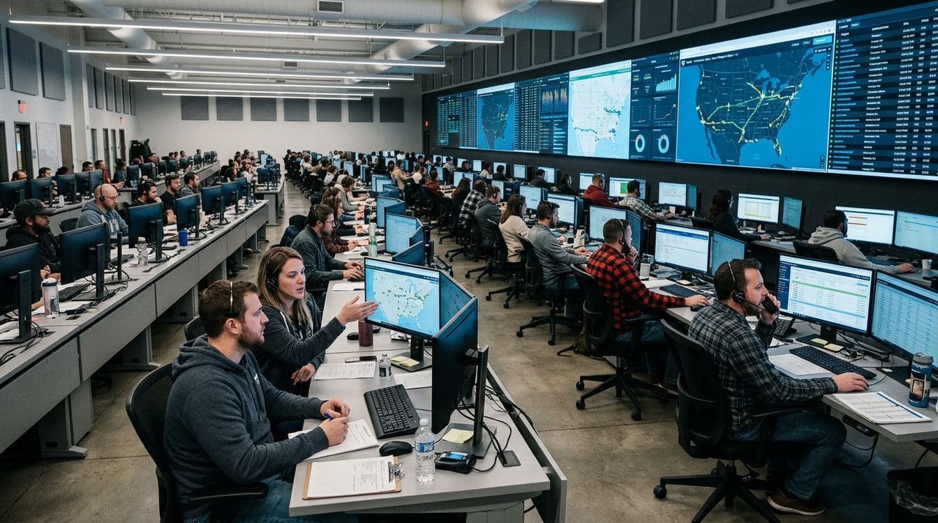 Dispatcher operations room with rows of consoles, multiple monitors showing live freight movements and carrier dashboards, and operators on headsets coordinating loads