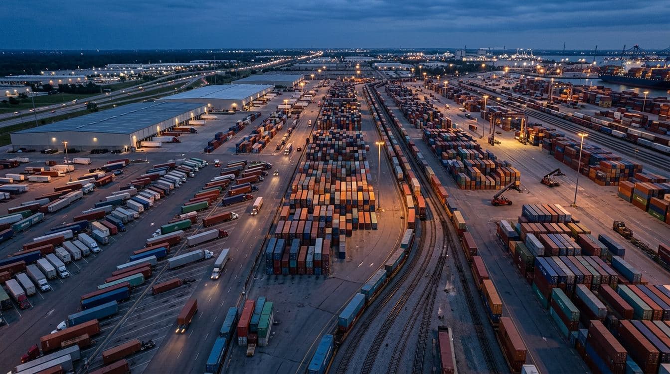 Aerial view of an intermodal freight terminal with stacked shipping containers, rail cars, and tractor trailers staged across multiple yards at dusk