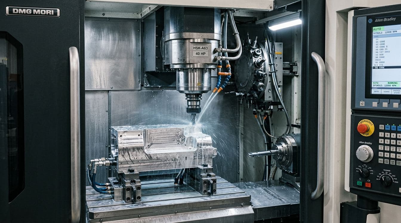 Precision CNC milling machine in operation at a discrete manufacturer, with sharp focus on the spindle and machined aerospace-grade part for ERP shop floor traceability