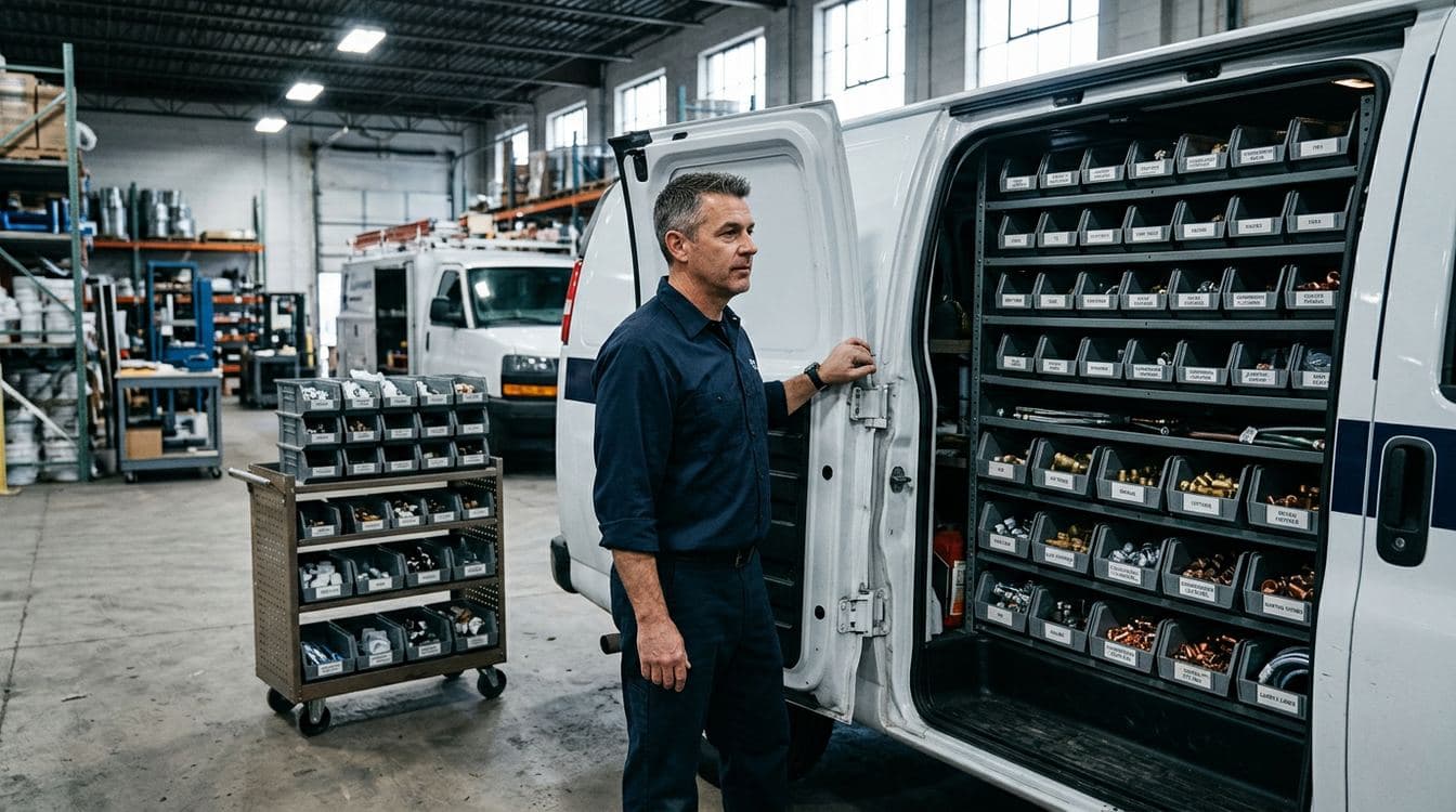 Plumbing service van compartments open at the warehouse with organized labeled parts bins, a rolling cart staged alongside holding a fresh fully-stocked bin set, illustrating the truck restock workflow that improves first-time fix rate