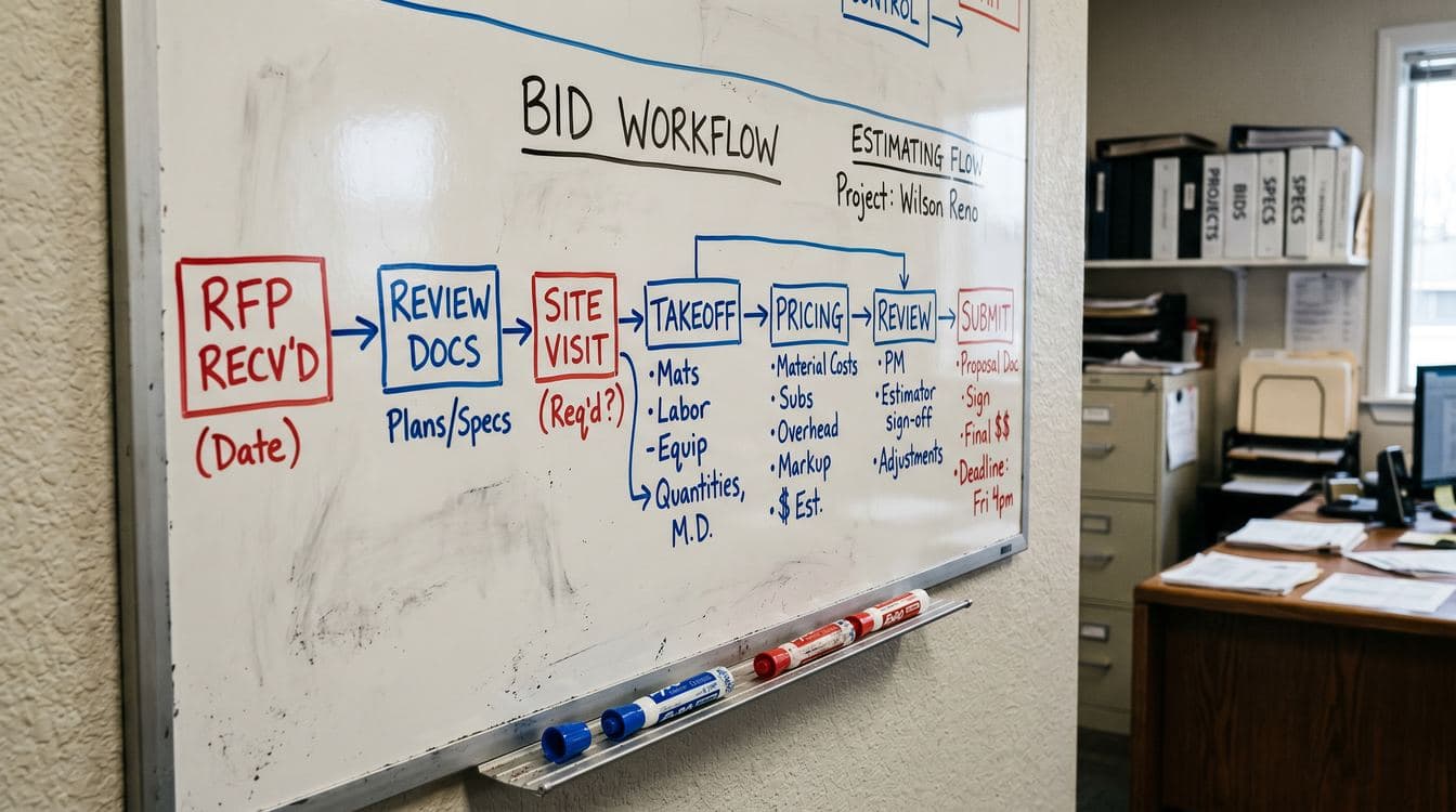Contractor office whiteboard showing a handwritten bid workflow diagram with process stages from RFP intake through submission