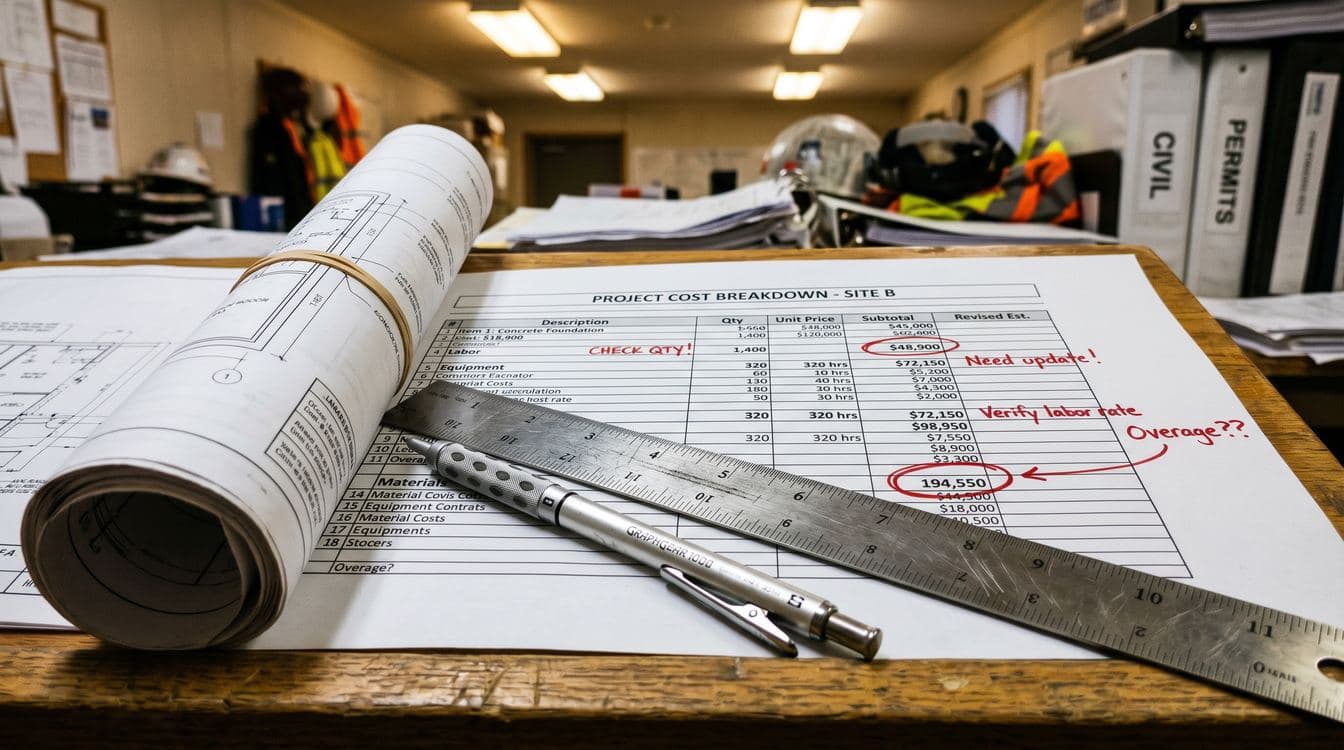 Mid-market contractor estimate spreadsheet with red pen annotations and blueprints showing the manual takeoff process