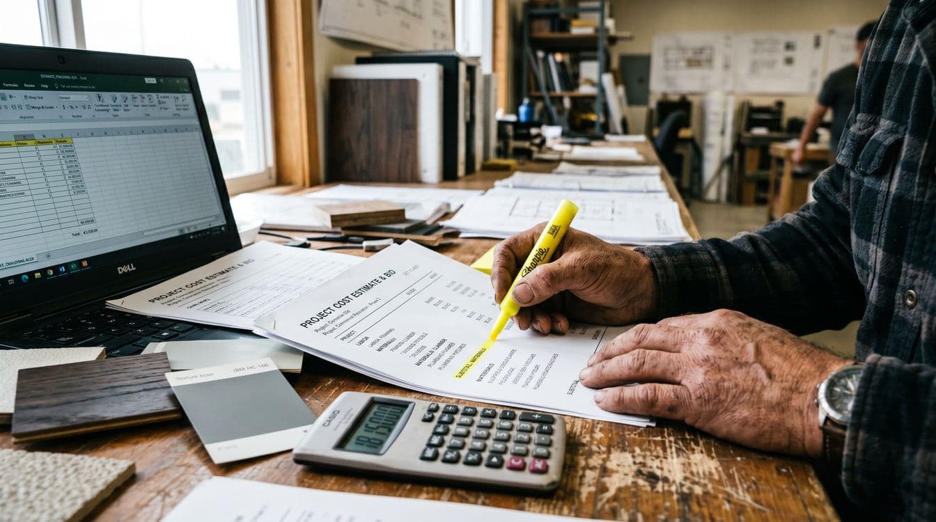 Contractor's hand marking up a printed cost estimate with a yellow highlighter next to a calculator and material swatches on a cluttered desk