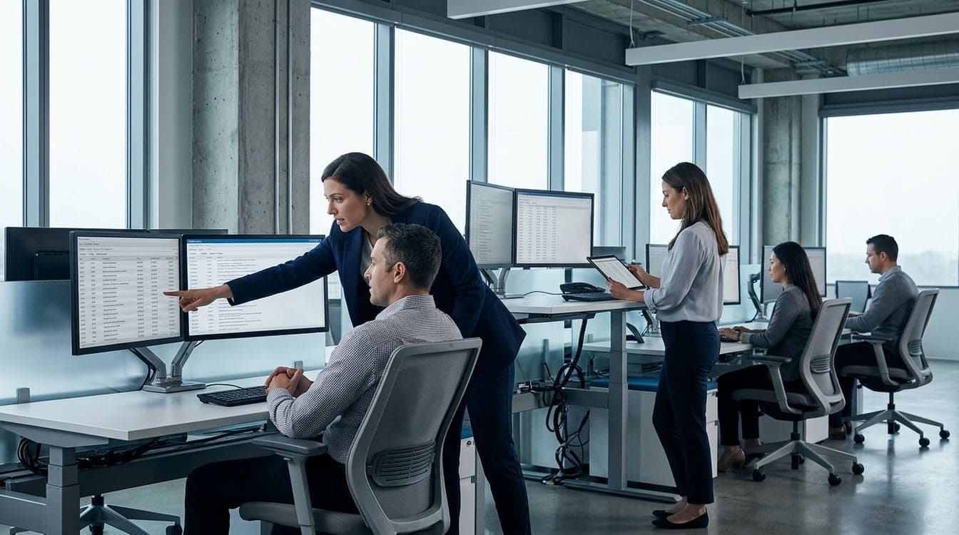 Mid-market RCM operations floor with analysts at dual-monitor workstations reviewing denial dashboards and payer eligibility queues