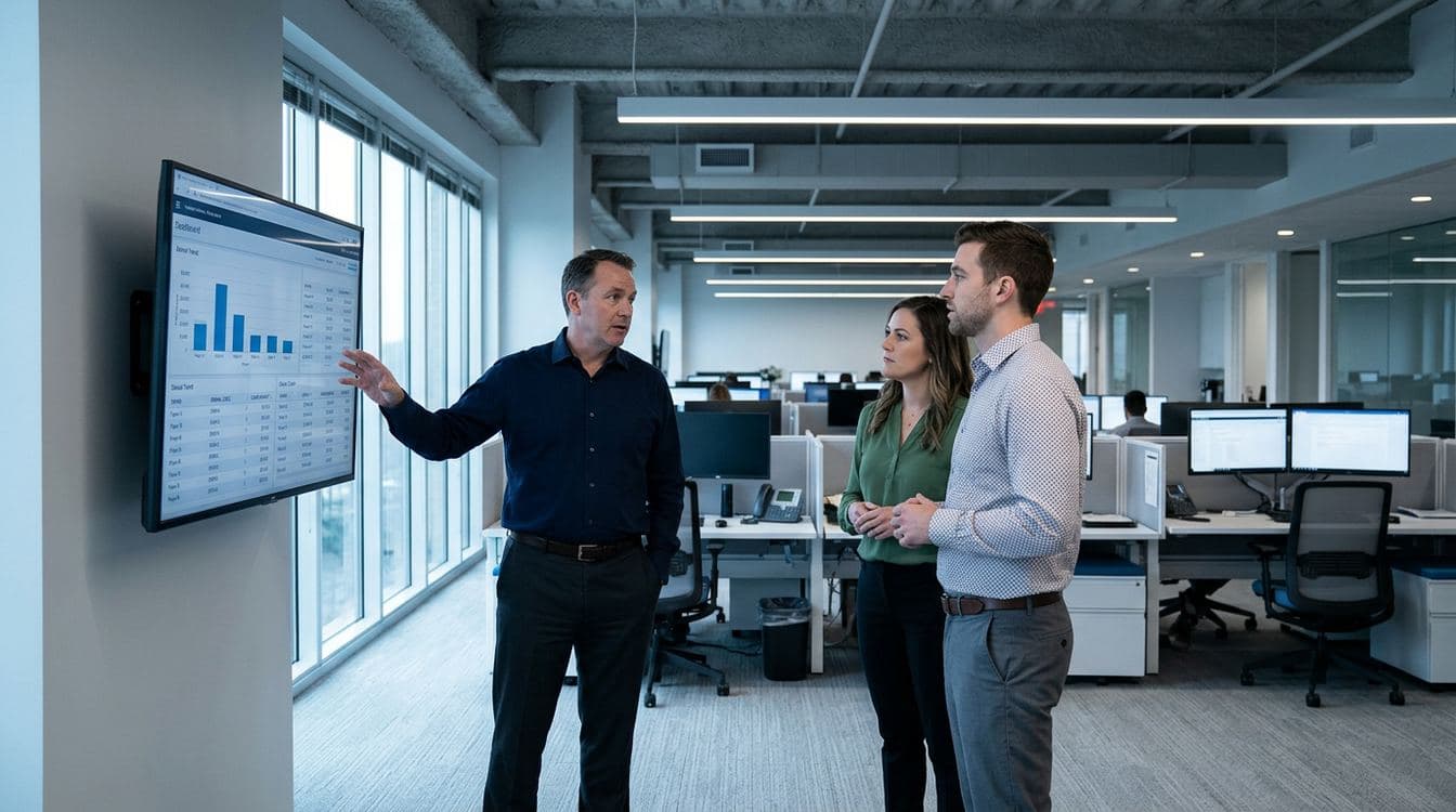 Wide editorial photograph of a mid-market RCM operations floor with denial management specialists reviewing payer-specific claim adjustment codes at dual-monitor stations