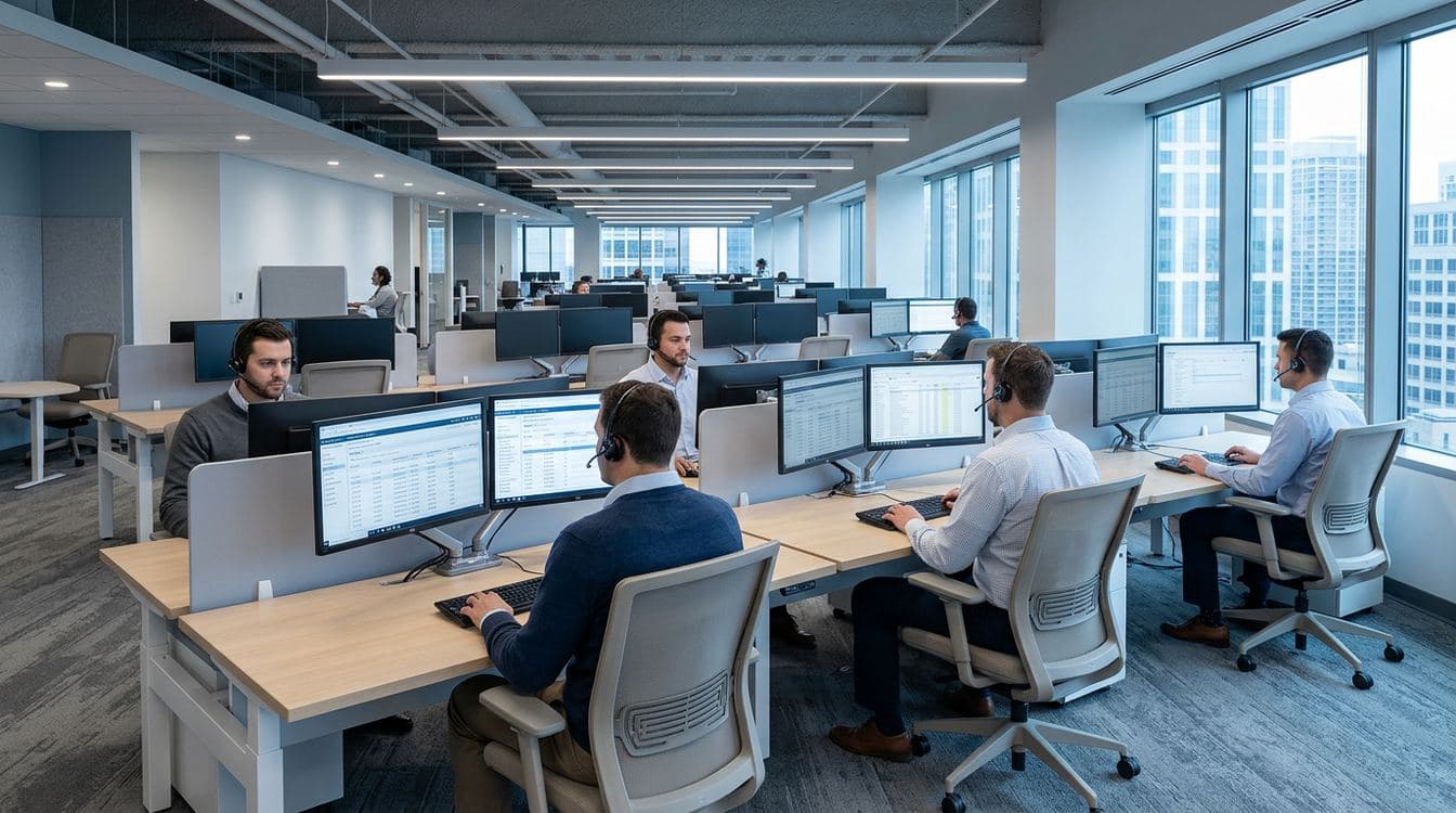 Wide-angle view of a modern mid-market RCM operations floor with denial specialists working at dual-monitor workstations under cool morning daylight