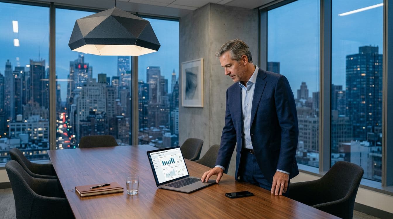 COO at a $40M RIA reviewing a quarterly billing audit dashboard on a laptop in a modern conference room