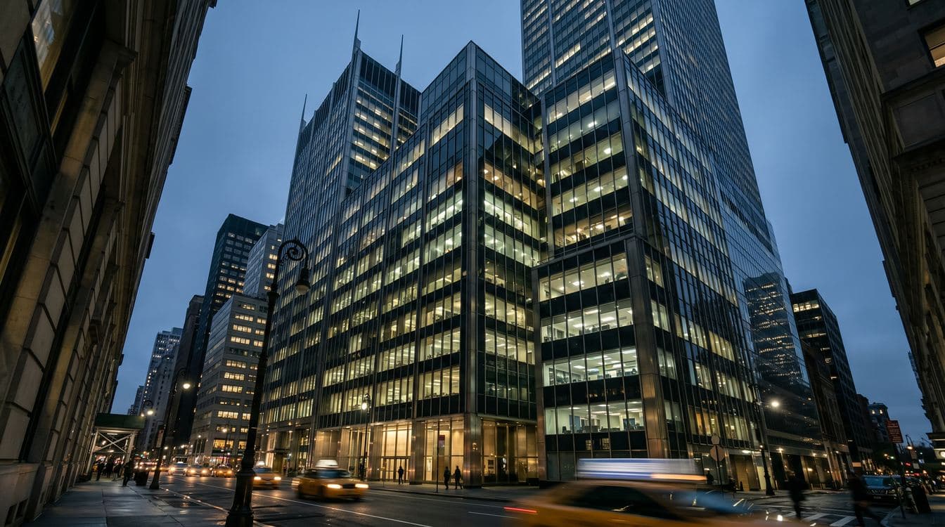 Manhattan financial district skyscraper at twilight with interior office lights illuminated, signifying the financial services world where RIA consolidation deals close