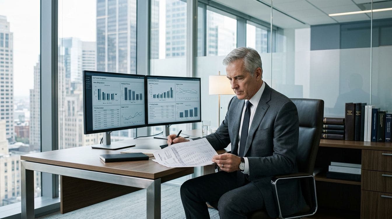 Mid-market law firm partner reviewing a pre-bill on dual monitors with a practice management billing report open in cool morning light