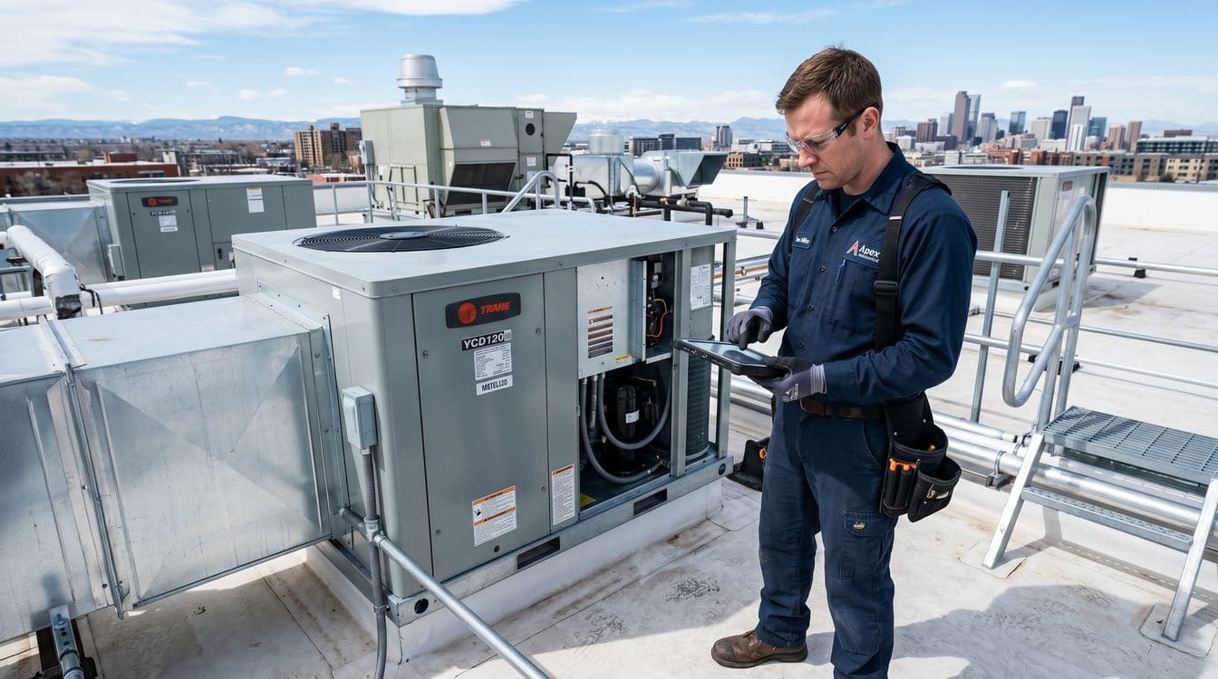 ServiceTitan alternatives HVAC field technician with tablet at modern rooftop HVAC unit