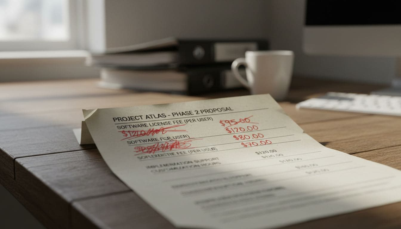 Printed price quote sheet on a wooden desk with handwritten red-pen corrections crossing out dollar amounts