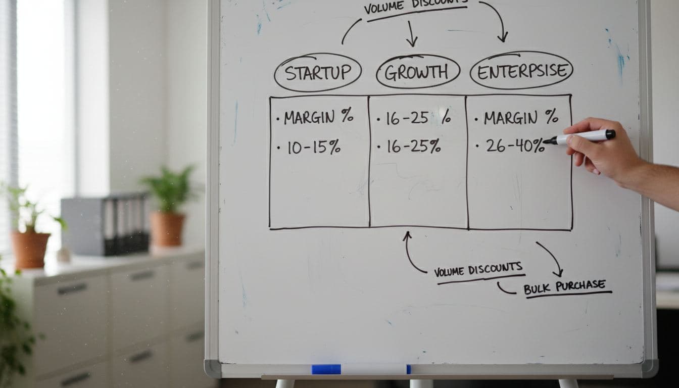 Whiteboard with a hand-drawn tiered pricing matrix showing customer tiers and margin percentage thresholds