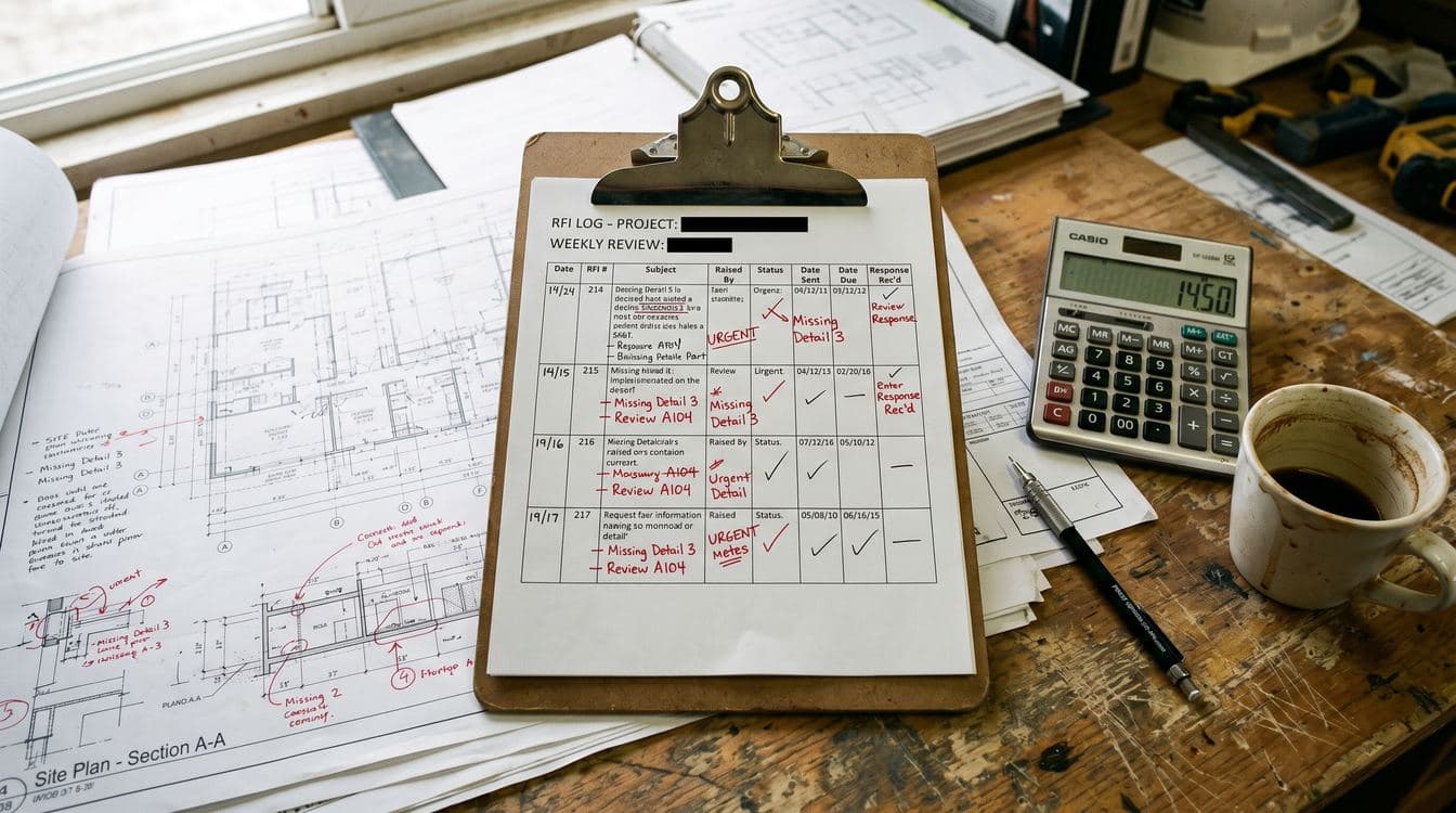 Subcontractor RFI log showing structured response tracking with status, requestor, trade, and aging columns for general contractor coordination