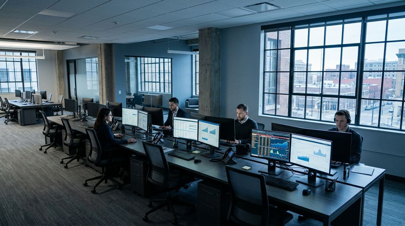 Wide overhead view of a wealth-management firm's operations floor at early morning, with three of eight dual-monitor workstations occupied and portfolio dashboards glowing under cool blue-grey light from large windows
