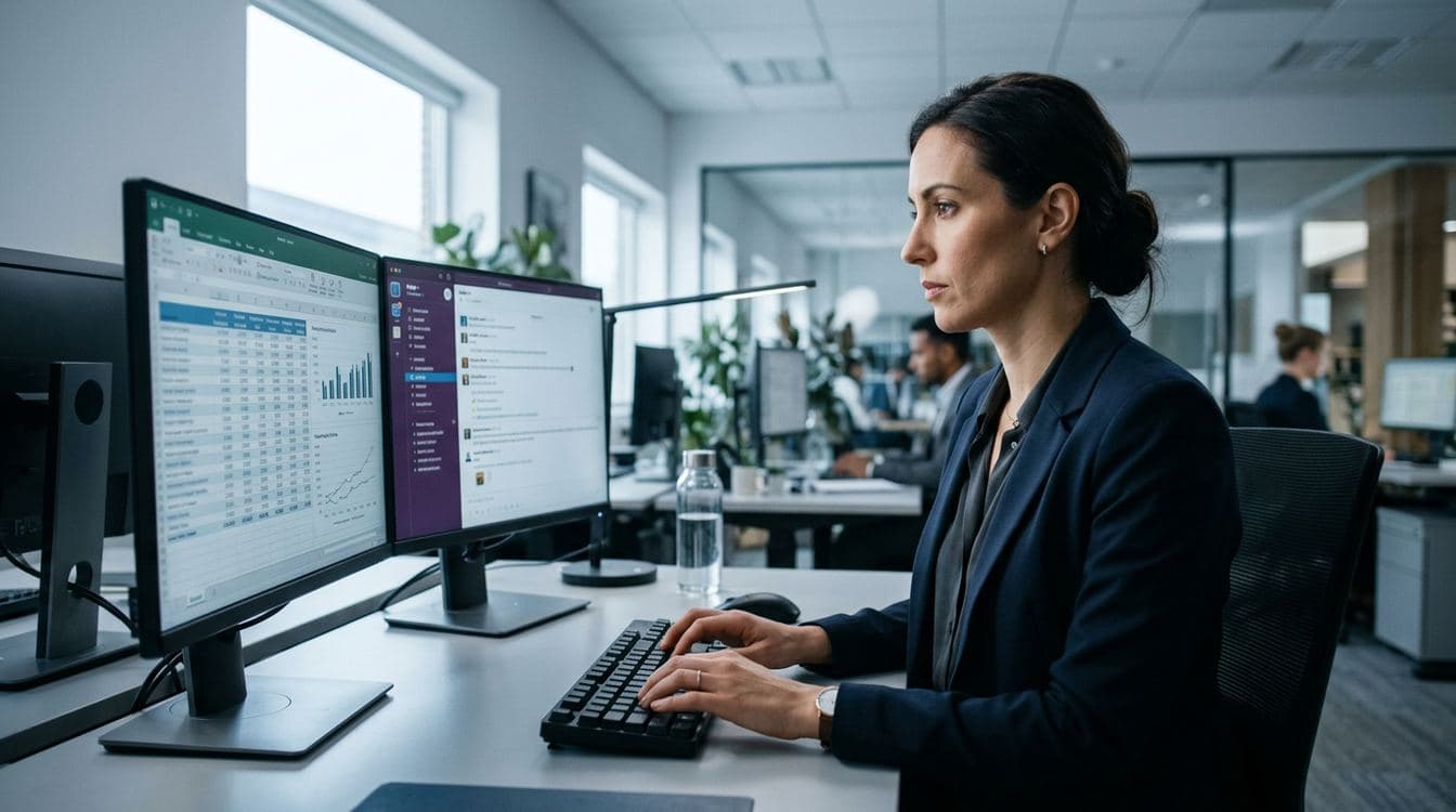 Wealth management operations specialist mid-reconciliation reviewing position discrepancies on a portfolio management screen with cool morning light from an adjacent window