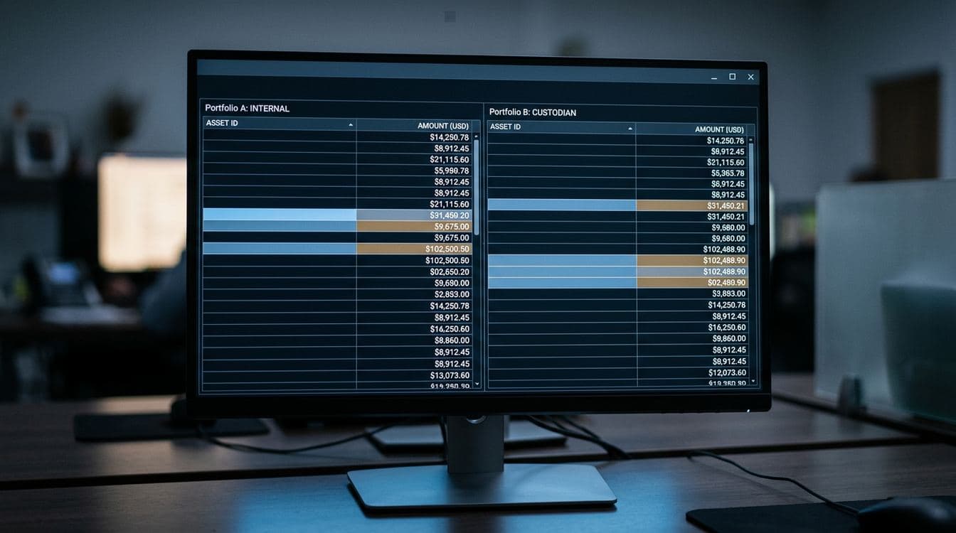 RIA operations dashboard showing T+1 settlement timing variance between Tamarac portfolio management system and Schwab custodian feed