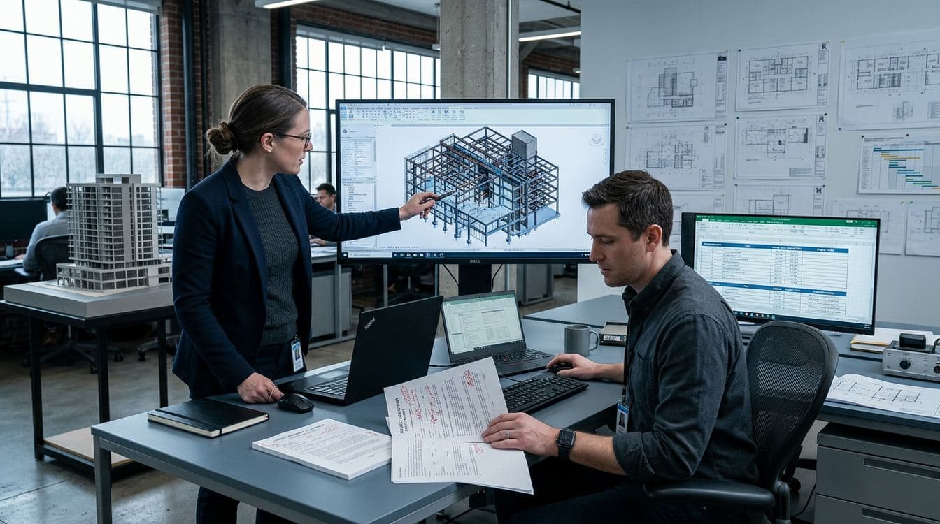 Two structural engineers at a project review station in a contemporary AEC office, with a Revit 3D structural model on the main monitor, a marked-up contract printout on the desk, and a billing rate matrix on a second display