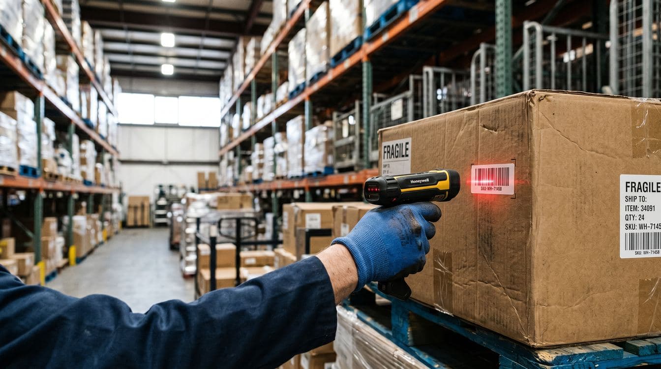 Close-up of a handheld barcode scanner reading a label on a cardboard box in a distribution warehouse with steel racking in the background