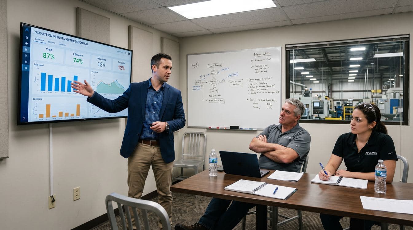 Small conference room where a software vendor presents a dashboard on a wall-mounted screen to two skeptical operations managers evaluating AI tools for their manufacturing business
