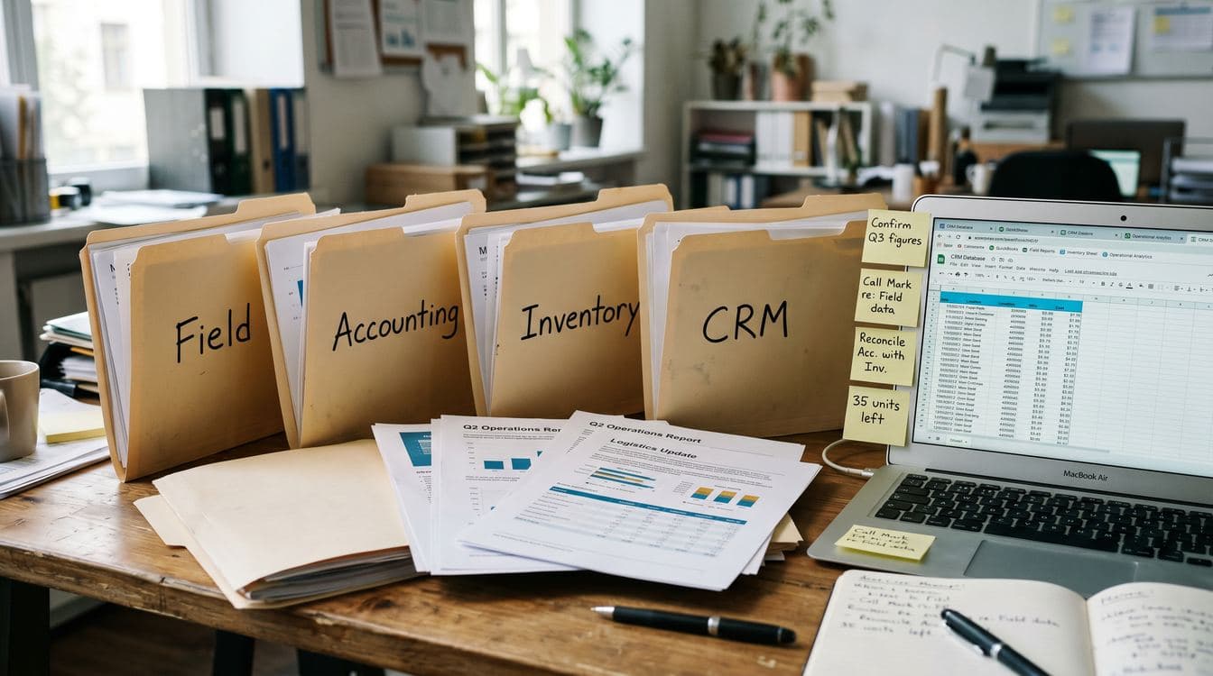 Side-by-side screens showing fragmented data across ERP, spreadsheet, and email inbox