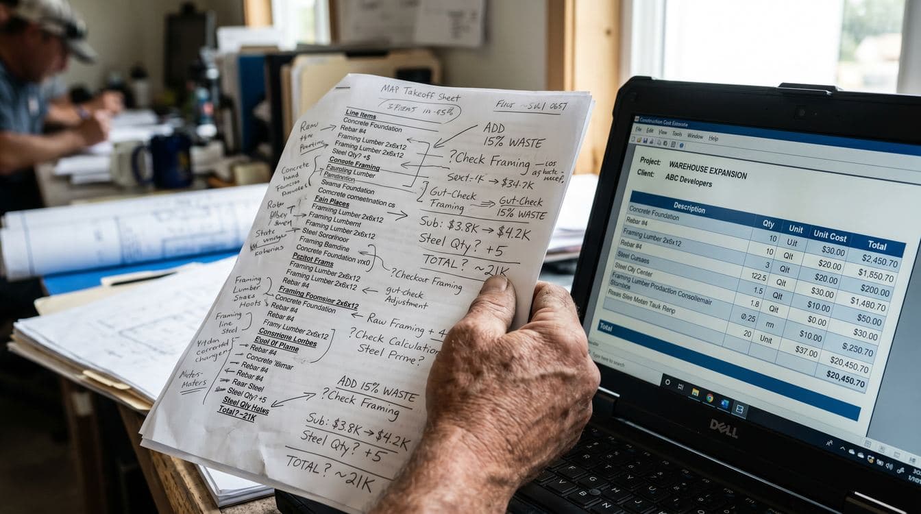 Veteran estimator reviewing blueprints with a markup pen next to a laptop running an AI assistant