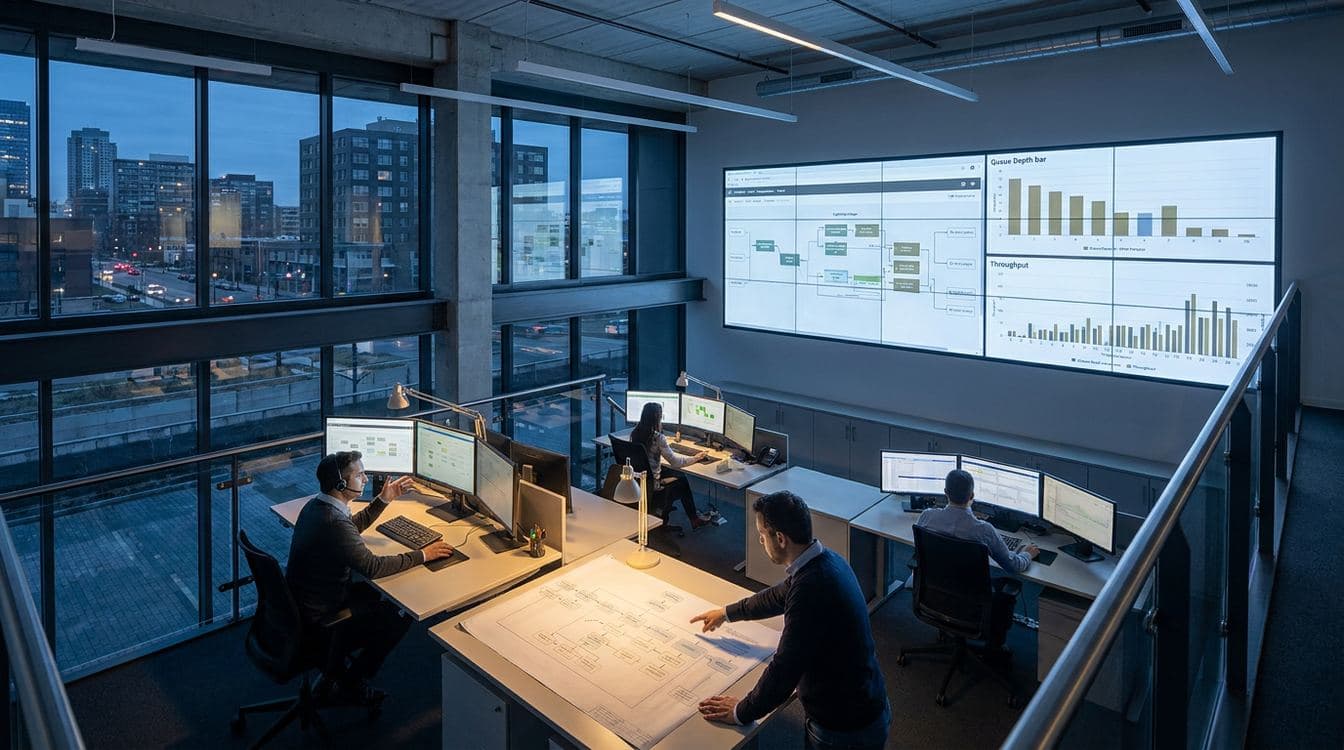Operations control center at dusk with operators at workstations reviewing process flow dashboards on large monitors, cool blue-grey industrial palette