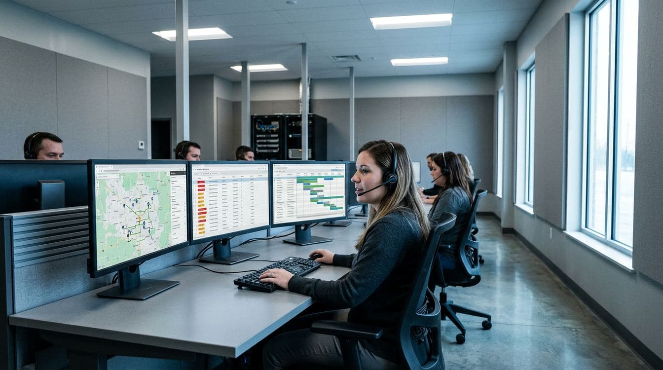 Modern dispatch operations center with three monitors showing work order queues and route maps, dispatcher at the console mid-shift