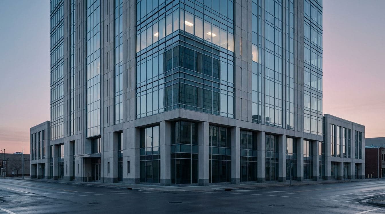 Modern mid-rise commercial office building at dawn with cool blue-grey light raking across the glass and limestone facade, the kind of secondary-metro tower a mid-market CPA firm leases two floors of