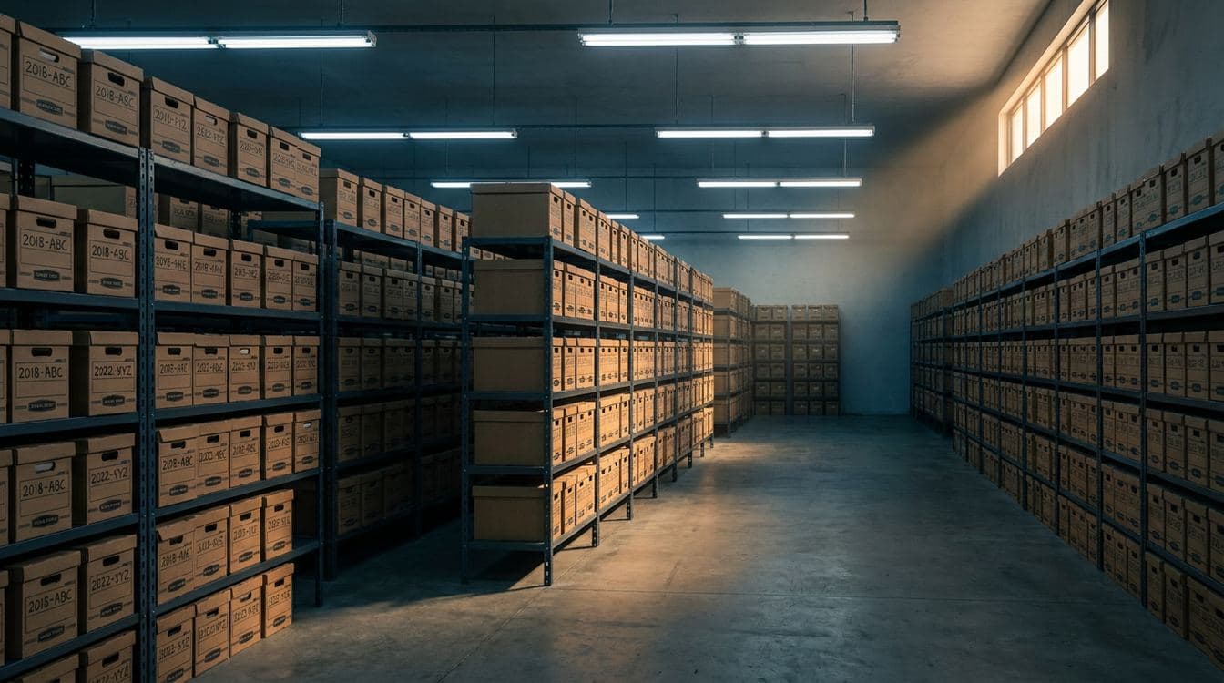 Mid-market accounting firm records archive with rows of industrial shelving holding banker's boxes of tax workpapers under cool overhead light