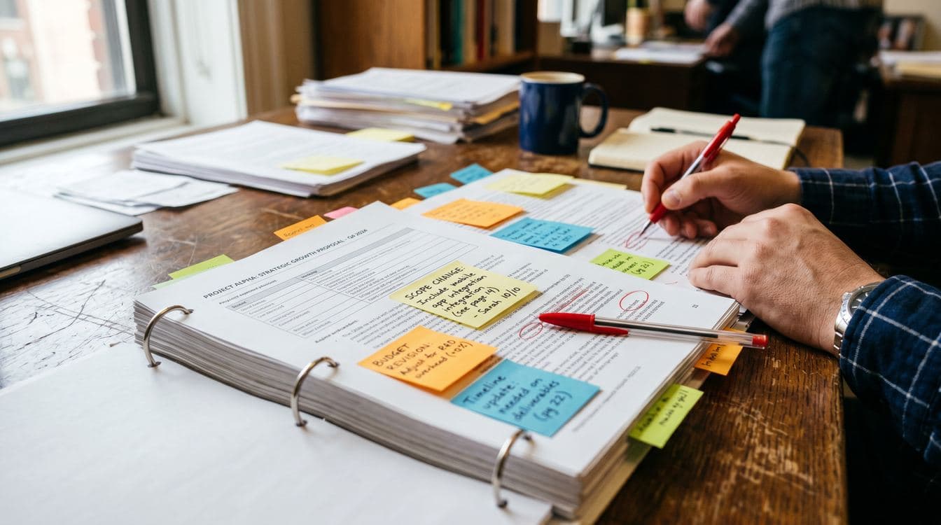 Proposal document spread on desk with sticky notes and revision marks under natural office light