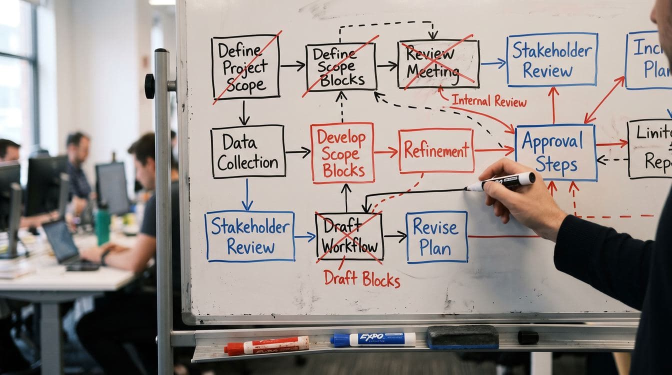 Whiteboard showing hand-drawn workflow chart with scope blocks and approval steps, some boxes crossed out and redrawn