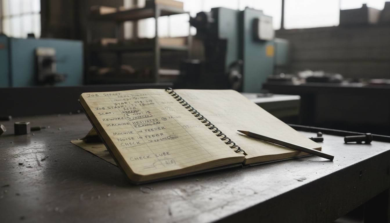 Handwritten job logs in a manufacturing operator's notebook on a workbench