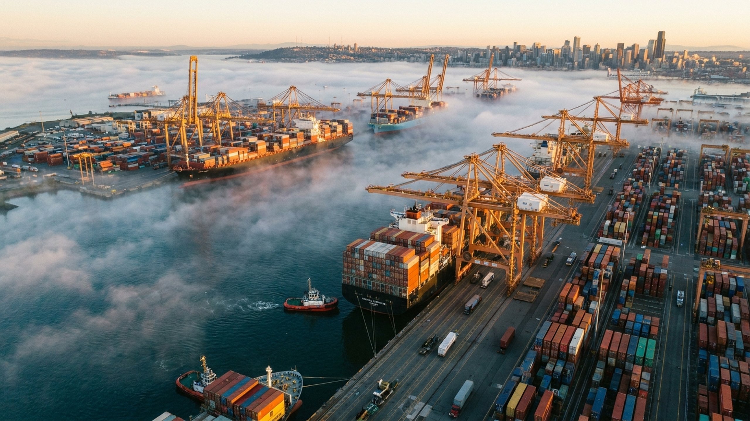 Commercial shipping port at dawn