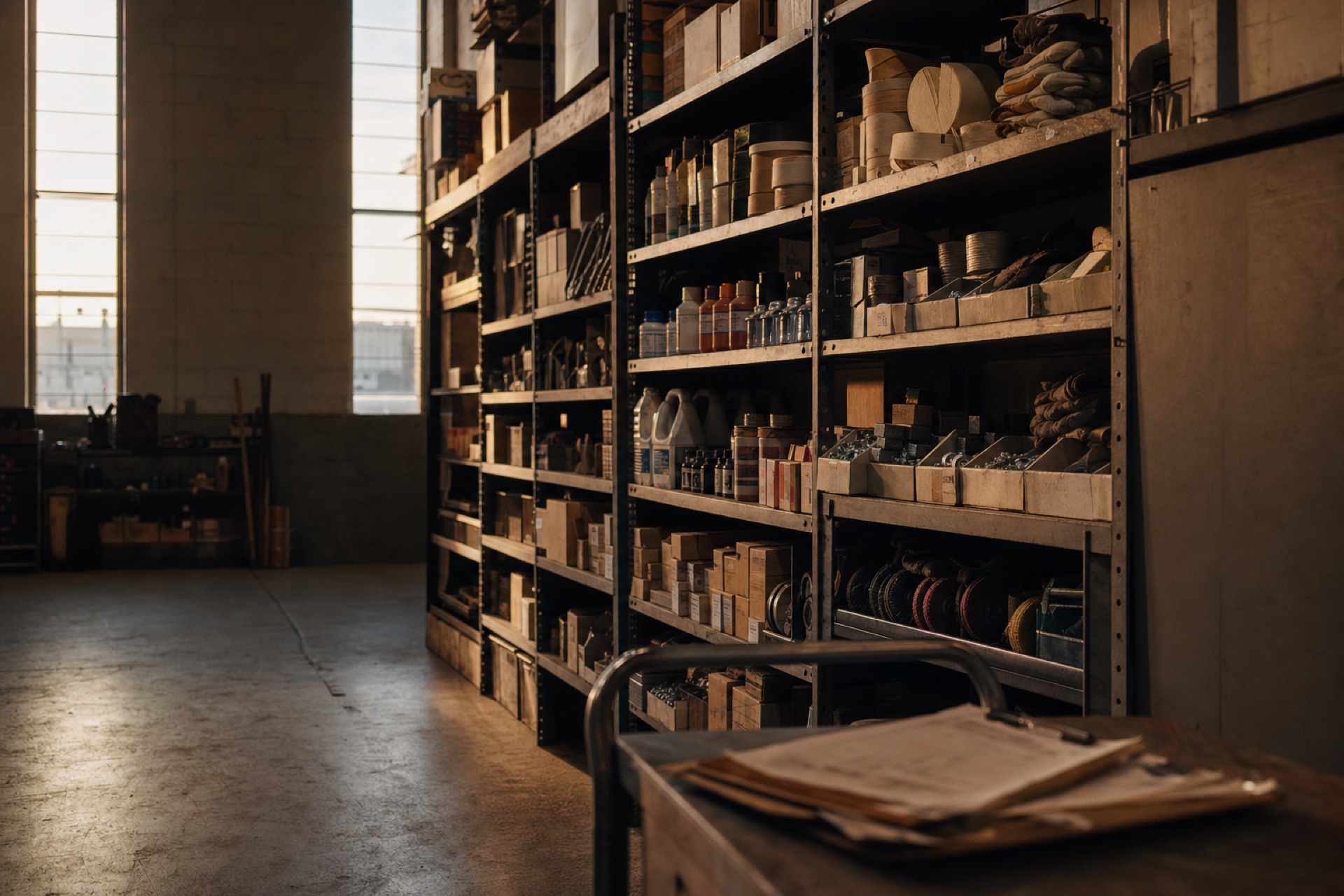 Manufacturing stockroom with shelves of consumables and a clipboard of purchase orders.